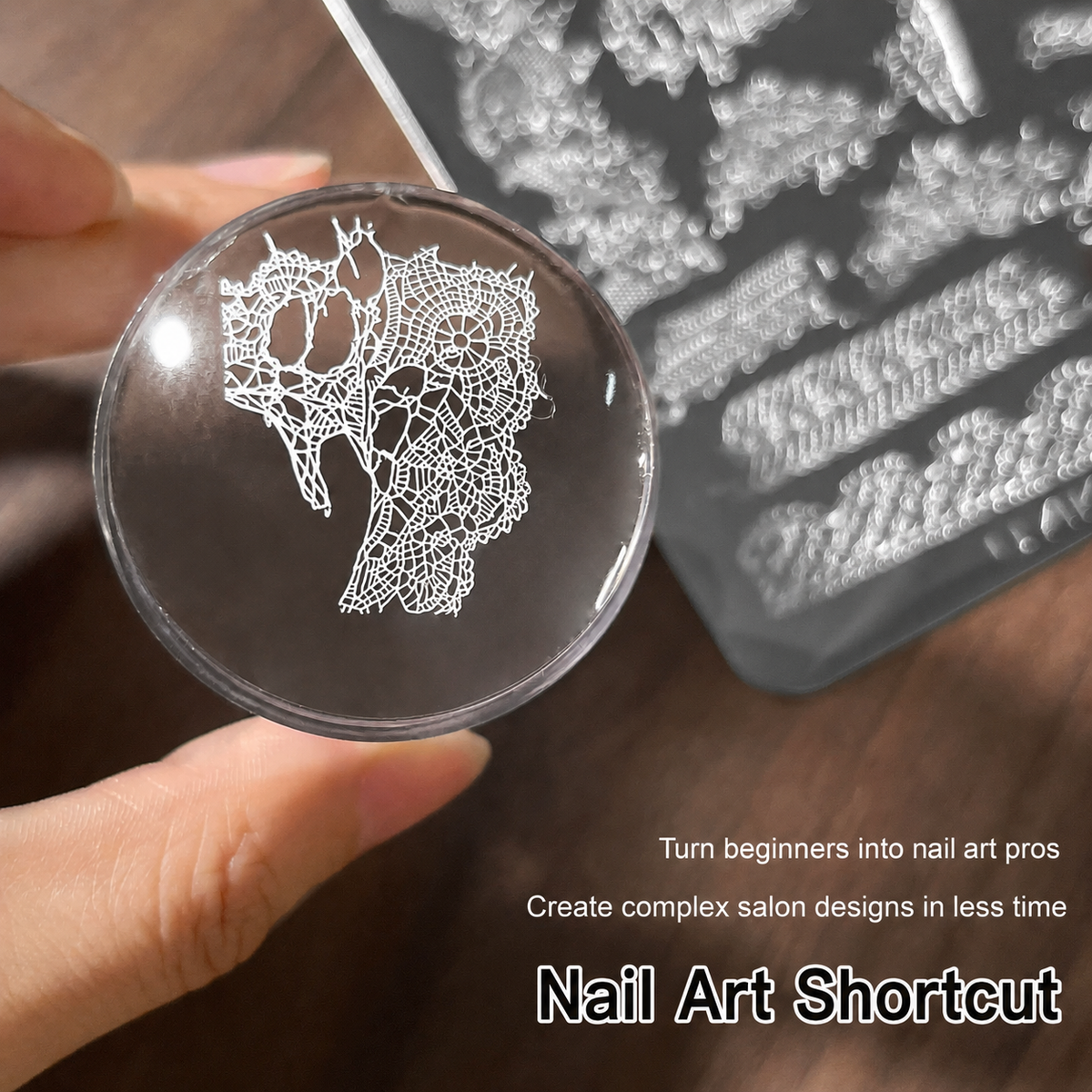 Lace Series 01 nail stamping plate design transferred with a clear stamper