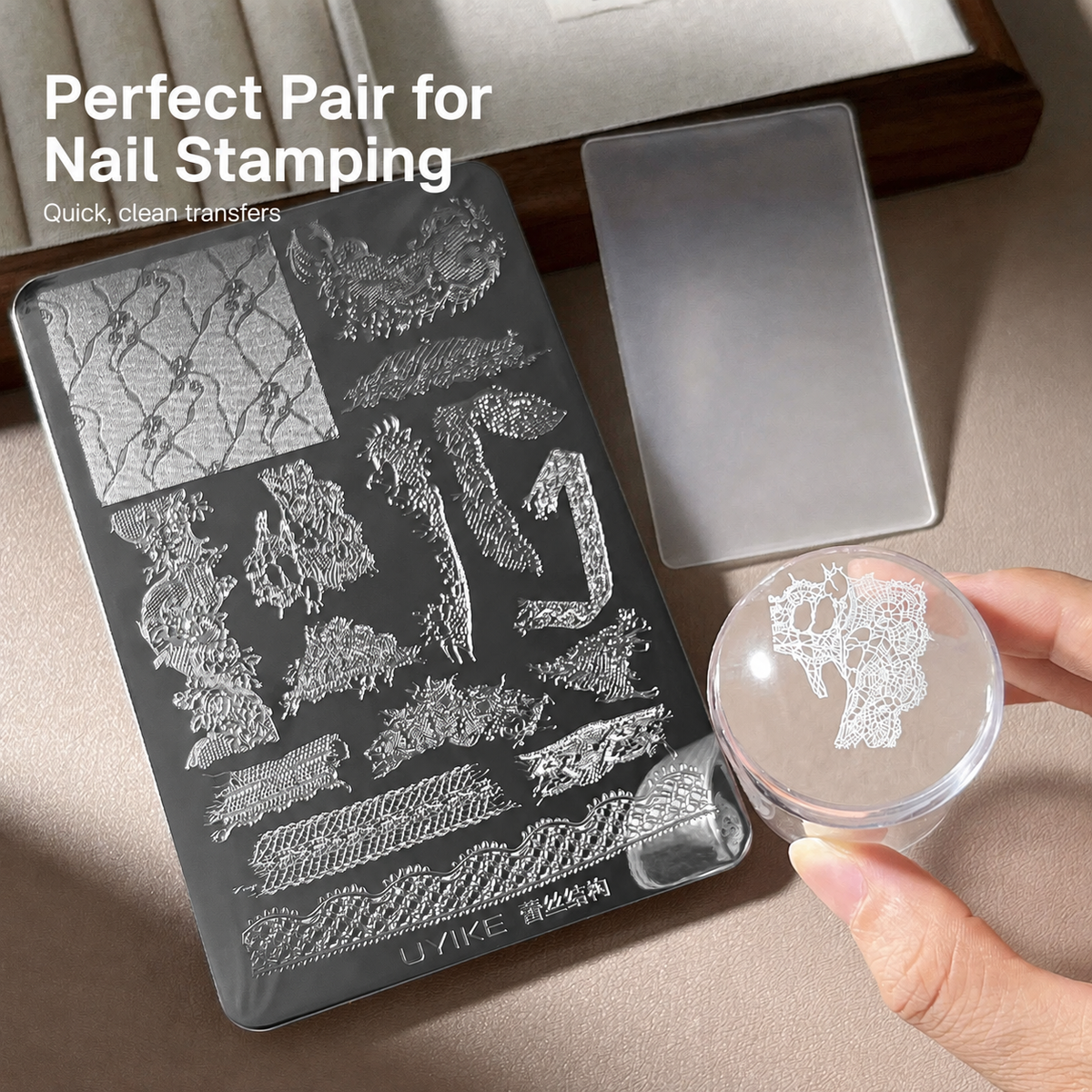 Lace Series 01 nail stamping plate with clear stamper and scraper