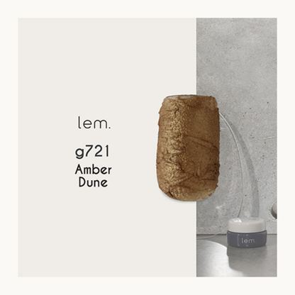 lem. Earth Scrub Gel g721 Amber Dune nail polish swatch. Warm amber brown textured gel with metallic shimmer for earthy nail art.