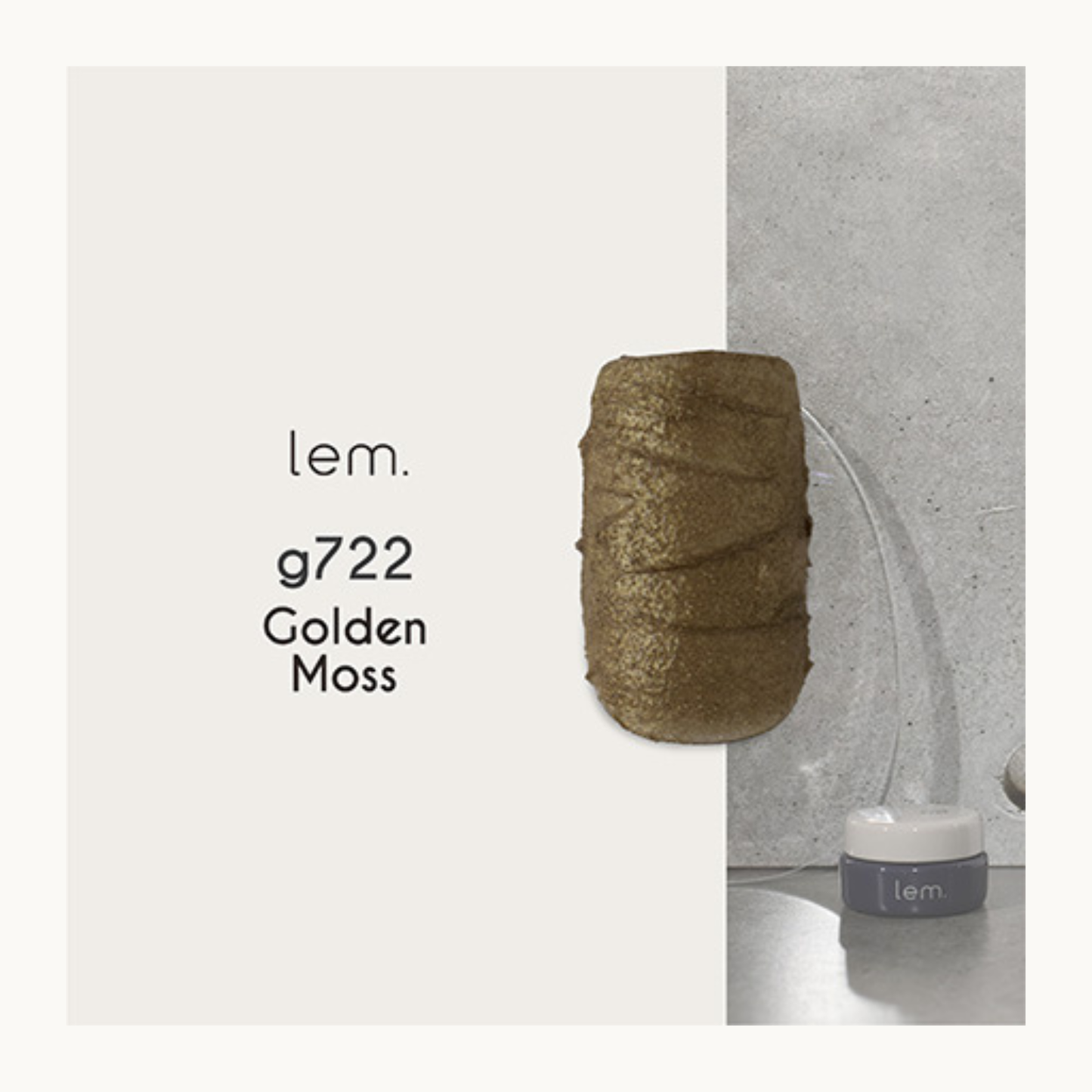 lem. Earth Scrub Gel g722 Golden Moss nail polish swatch. Deep golden brown textured gel with subtle metallic finish for moody manicure.