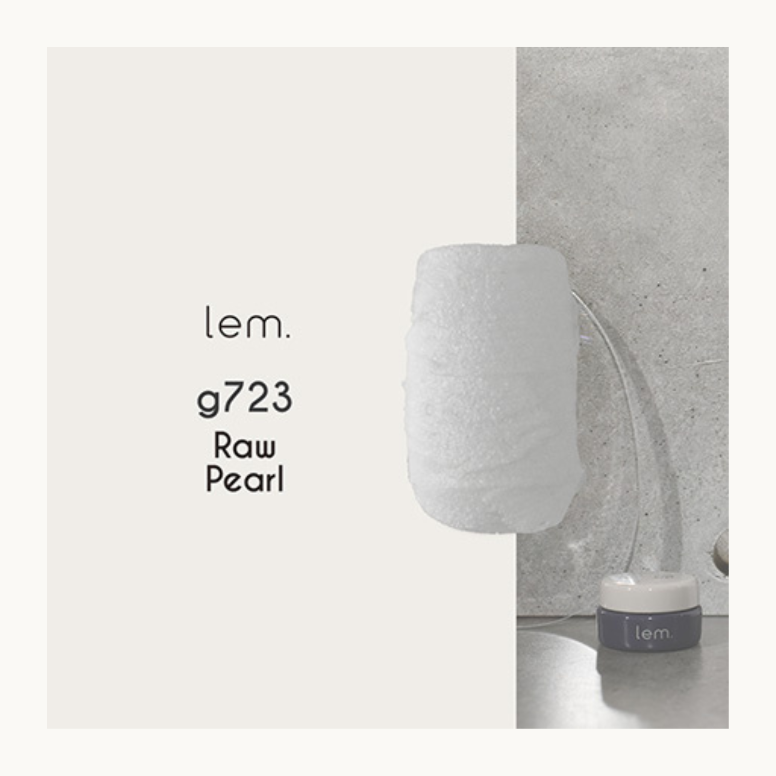 lem. Earth Scrub Gel g723 Raw Pearl nail polish swatch. Opaque white textured gel with a frosted, natural finish for minimalist nail art.