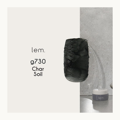 lem. Earth Scrub Gel g730 Char Soil nail polish swatch. Deep black textured gel with subtle shimmer for moody, earth-toned manicure.