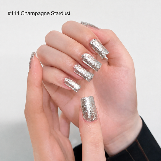 Dense reflective silver glitter nail color gel manicure on one hand