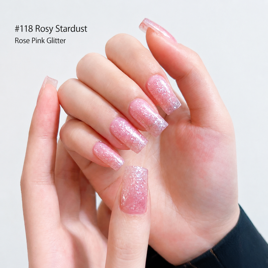 Rosy pink glitter nail color gel manicure on one hand