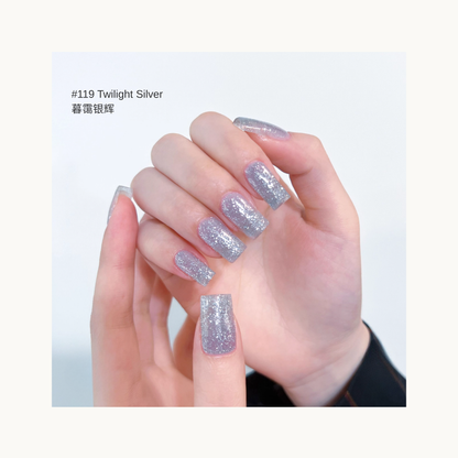 Grey-toned silver sparkle nail gel swatch #119 Twilight Silver
