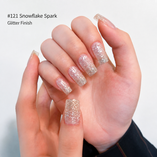 Sheer silver glitter nail color gel manicure with warm highlights