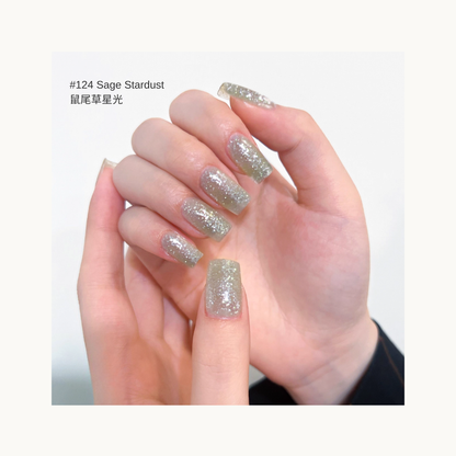 Sage green glitter nail gel swatch #124 Sage Stardust