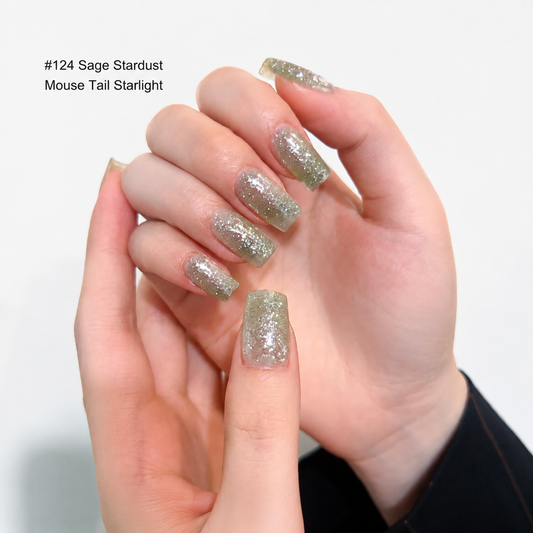 Sage green glitter nail color gel manicure on one hand