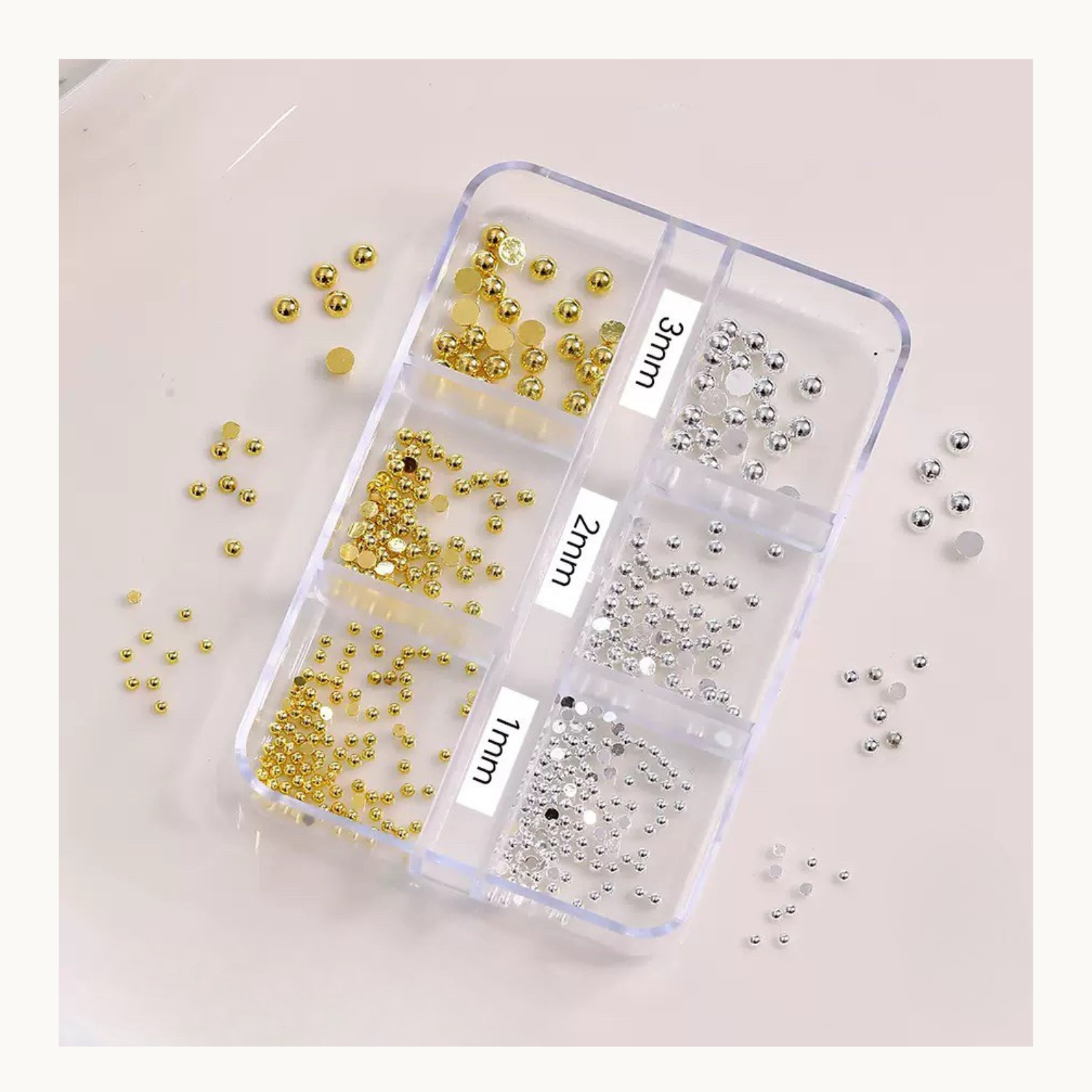 Mixed size gold and silver metal nail studs for 3D nail art design, round beads for gel polish and acrylic nails, salon and DIY nail supplies North America