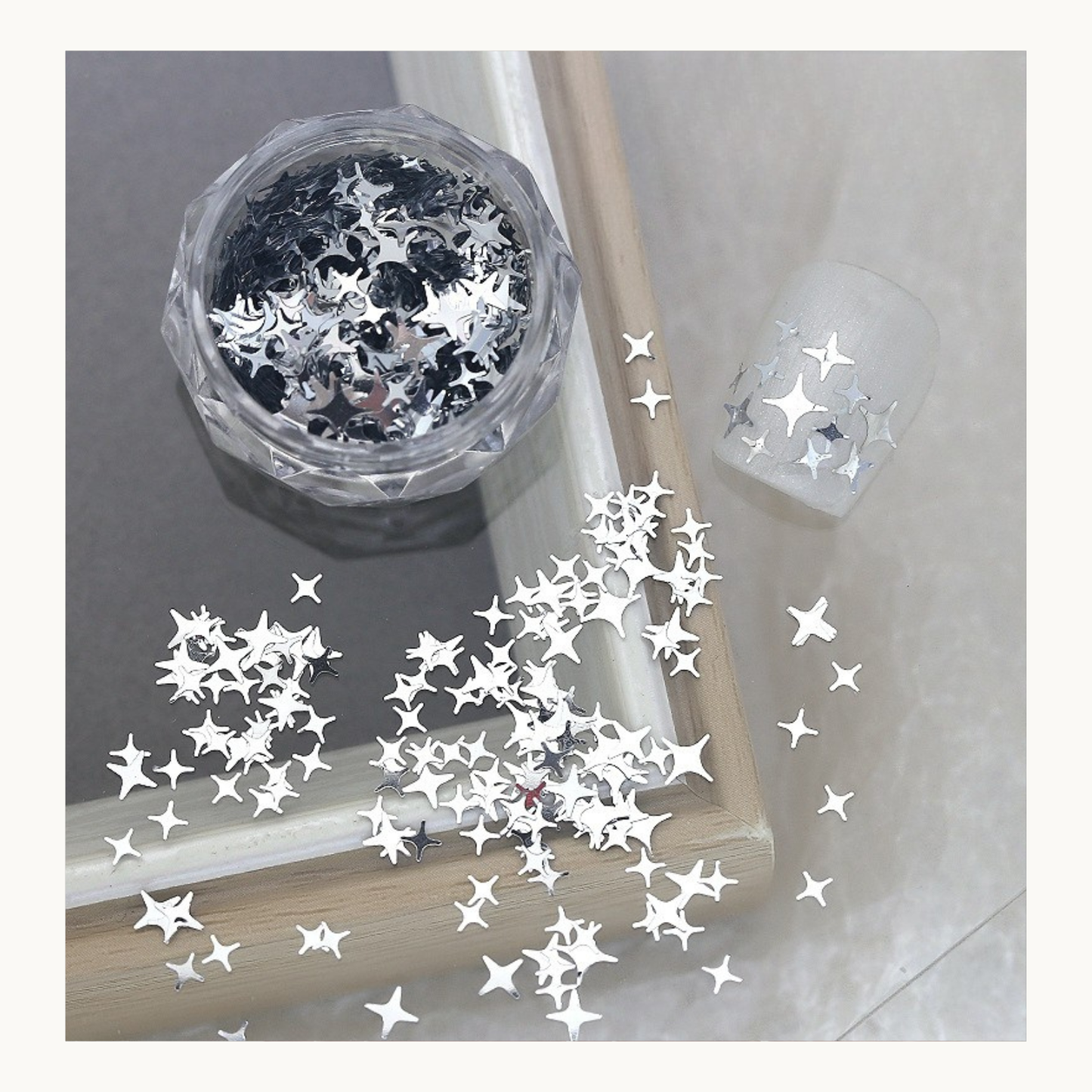 Metallic silver star nail sequins for 3D chrome nail decoration, reflective nail art glitter for professional nail artists in North America