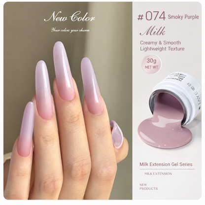 Milk Extension Gel #074 Smoky Purple 30g, showing glossy lavender nails alongside an open jar and the milky gel texture.