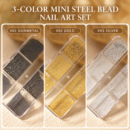 Gunmetal, silver and gold mini steel bead nail art sets in three sizes for custom mix-and-match nail designs.