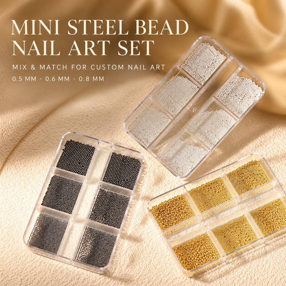 Mini steel bead nail art set color options in #01 Gunmetal, #02 Gold and #03 Silver.