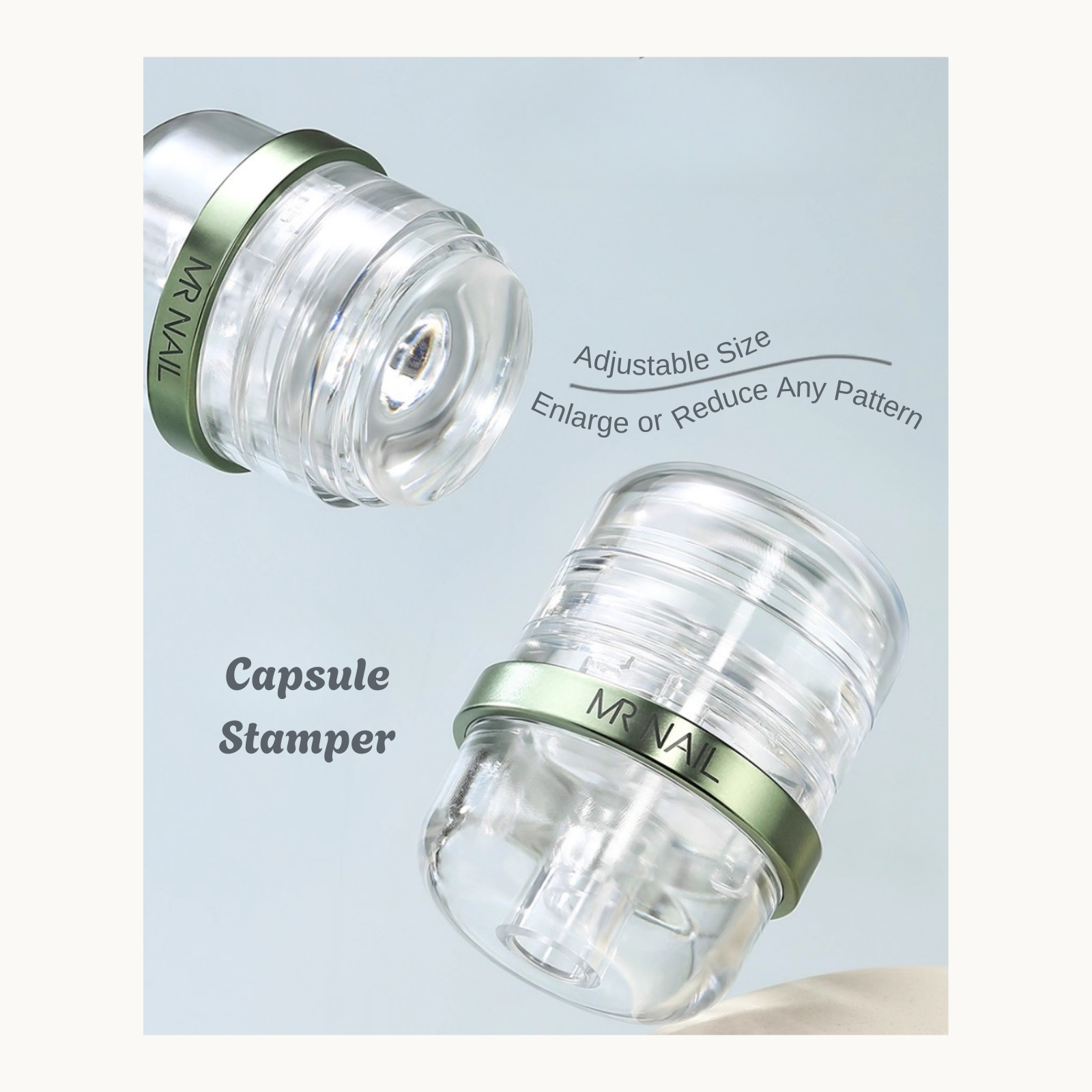 MR NAIL capsule stamper showing adjustable size feature to enlarge or shrink nail art patterns