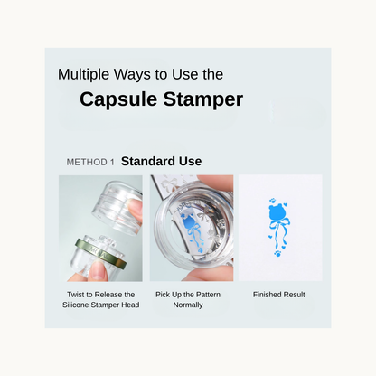 Step-by-step standard use of MR NAIL capsule stamper showing pickup and final result