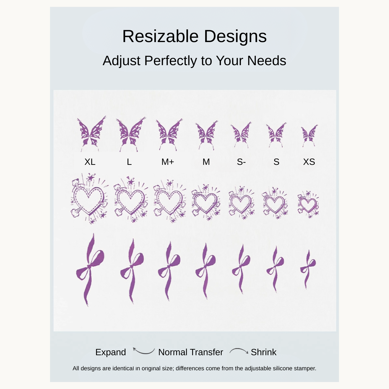 Different nail art pattern sizes created with MR NAIL adjustable silicone stamper