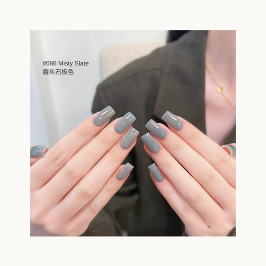Misty slate gray gel manicure on overlapping hands