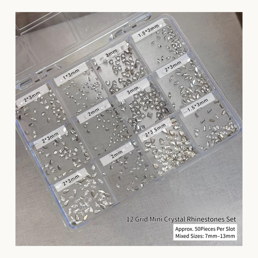 Mixed size mini nail rhinestones crystal gems in 12 grid organizer box, clear 3D nail art decorations for salon professionals in North America