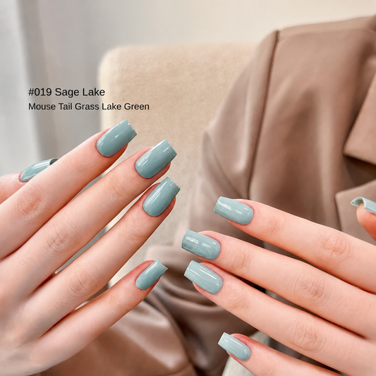 Sage Lake gel nail color manicure on rounded nails