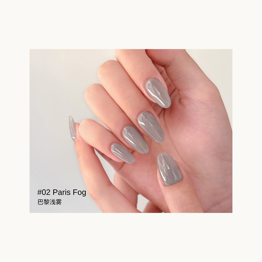 Sheer cool gray gel manicure in the Paris Fog shade