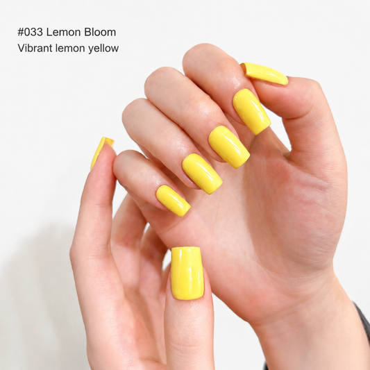 Lemon Bloom gel nail color manicure on square-shaped nails