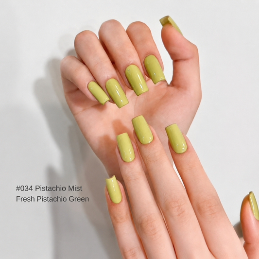 Pistachio Mist pale olive glossy nail color gel manicure on two hands