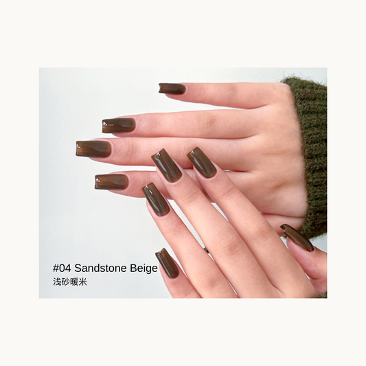 Sheer sandy beige gel manicure on overlapping hands