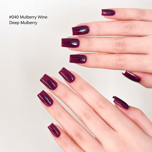 Mulberry Wine deep burgundy glossy nail color gel manicure on two hands
