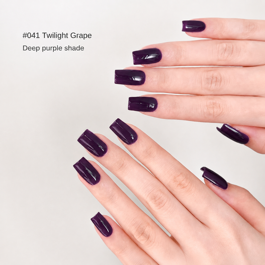 Twilight Grape dark purple glossy nail color gel manicure on two hands