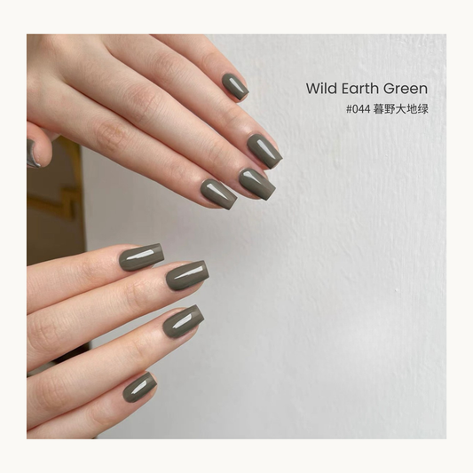 Wild Earth Green gel nail polish manicure with glossy olive green nails