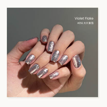 0-additive formula MODING “WU” Series Lily Poem Sparkle Foil Gel #056 Violet Foil 大片紫箔, radiant purple foil texture with luxurious shine and reflective sparkle.
