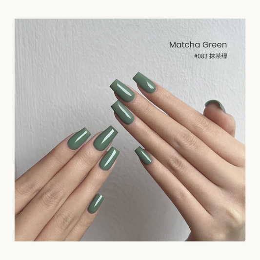 Matcha Green nail color gel manicure on overlapping hands