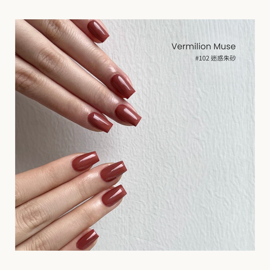 Vermilion Muse nail color gel manicure on two sets of hands