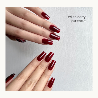 0-additive formula MODING “WÚ 無” Scarlet Chagall Collection Bottle Gel #104 Wild Cherry 野樱桃红, pure cherry red with high shine and elegant strength.