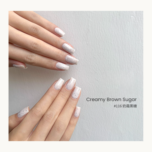 Creamy Brown Sugar nail color gel manicure with speckled finish