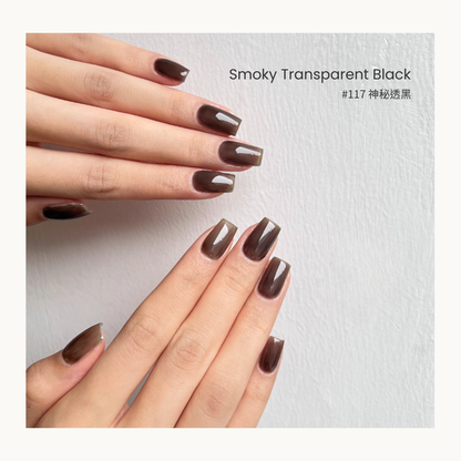 MODING #117 Smoky Transparent Black gel polish in a sheer deep-black finish.