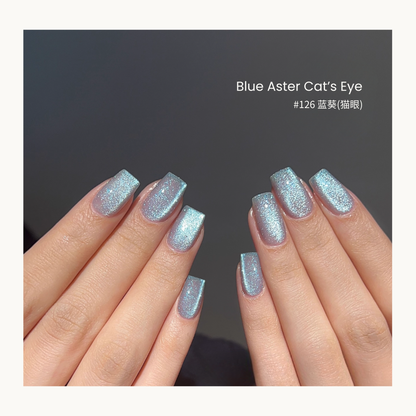 MODING #126 Cat’s Eye Blue Aster gel polish with shimmering blue-silver cat-eye effect.