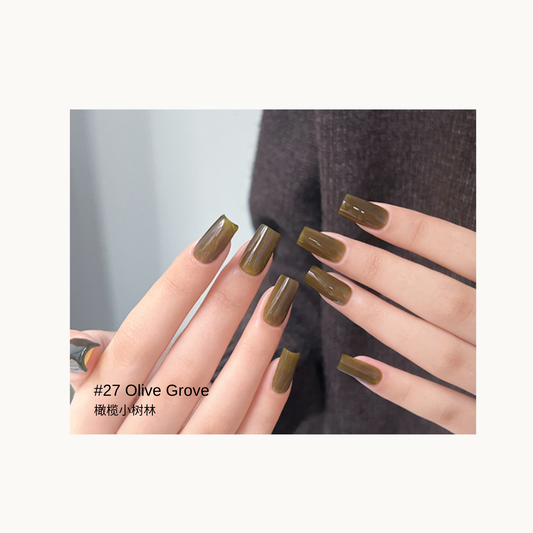 Olive-green gel polish shown on glossy square nails