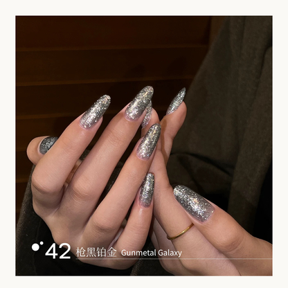 MODING 42 Gunmetal Galaxy glitter builder gel nail extension in deep gunmetal silver sparkle finish, dual form extension gel for long almond nails, trending in USA and Canada
