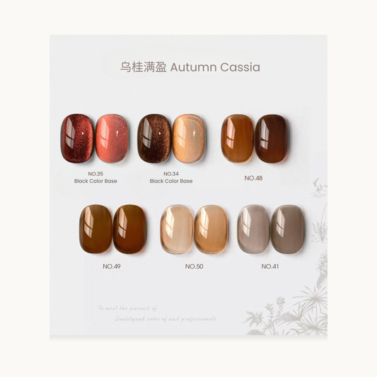 0-additive formula MODING “WÚ 無” Autumn Cassia 6-Color Nail Swatches, translucent red-brown and caramel tones inspired by oolong tea and amber light. Perfect for autumn manicures and tortoiseshell nail designs.