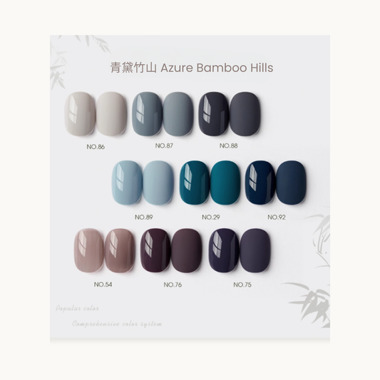 0-additive formulaMODING “WU 無” Series Azure Bamboo Hills Collection 9 color nail swatches in cool blue, gray, and violet tones. Perfect for winter minimalist nail designs and color mixing.