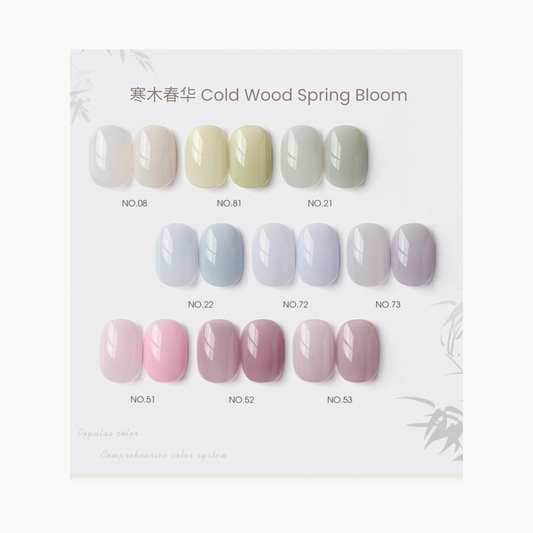 0-additive formula MODING “WÚ 無” Cold Wood Spring Bloom 9-Color Nail Swatches, translucent misty tones of blue, lavender, and rose nude inspired by serene spring mornings. Perfect for minimalist, elegant nail designs.