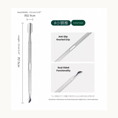 Product dimensions of Moding cuticle pusher showing 13cm length and anti-slip knurled grip with dual-sided functionality details.