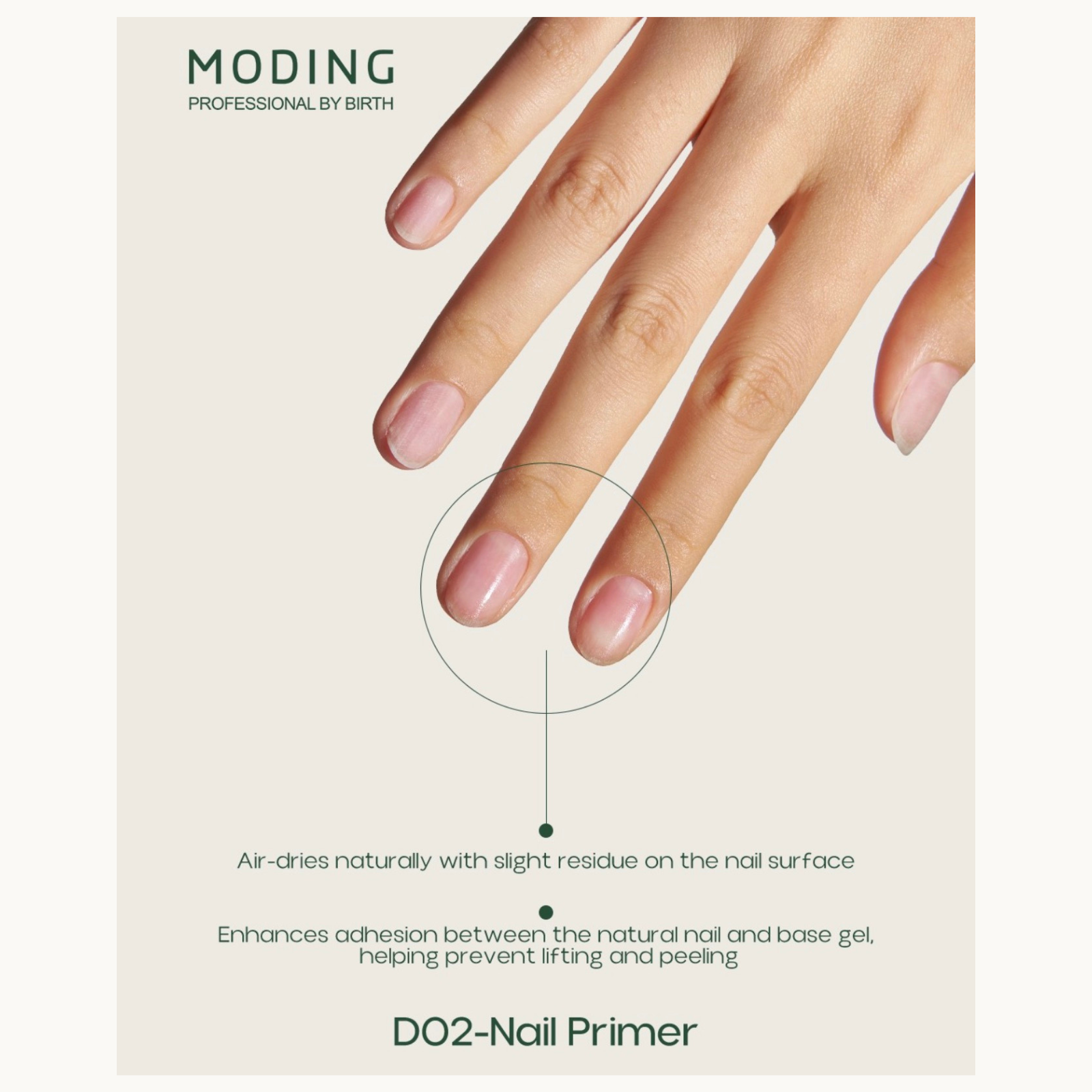 Moding D02 Nail Primer function display: enhances adhesion between natural nail and base gel to prevent lifting and peeling, air-dries naturally.