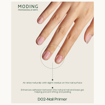 Moding D02 Nail Primer function display: enhances adhesion between natural nail and base gel to prevent lifting and peeling, air-dries naturally.
