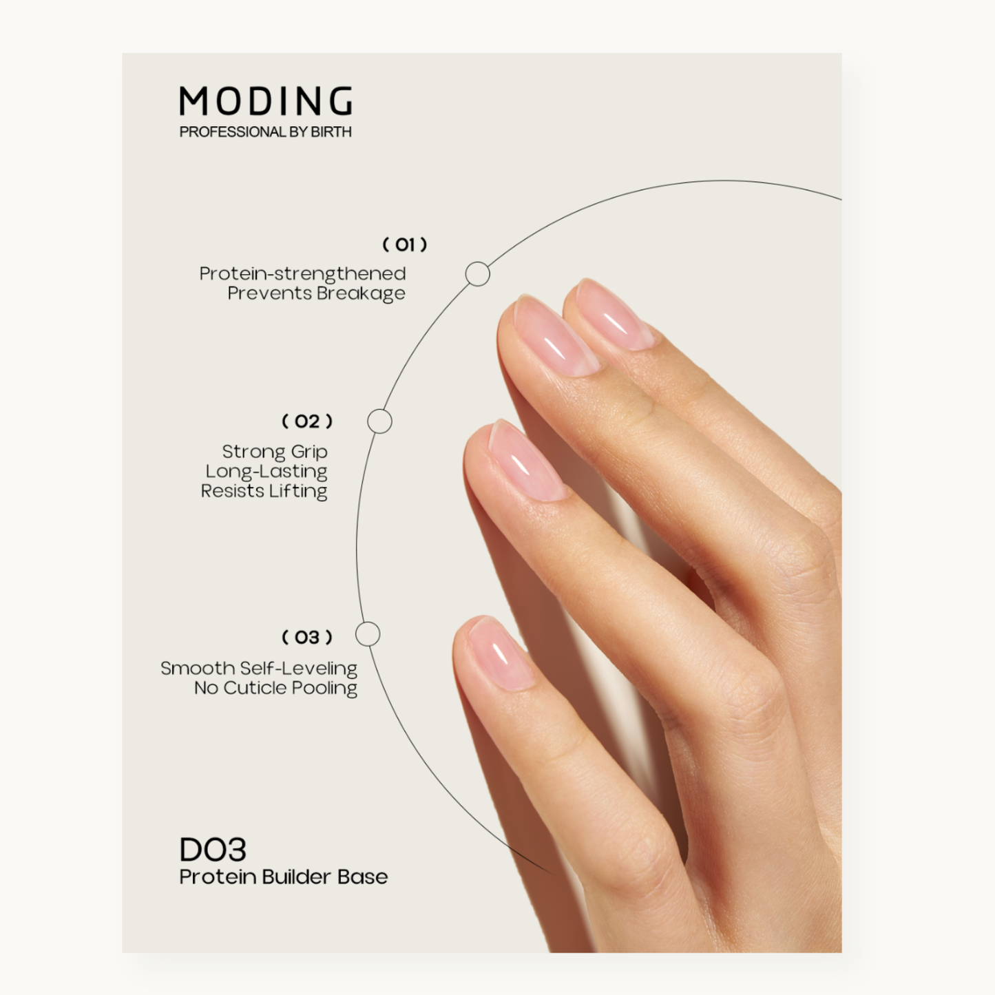 MODING D03 Protein Builder Base features display, protein strengthen anti-breakage self-leveling long wear nail builder base coat for manicure