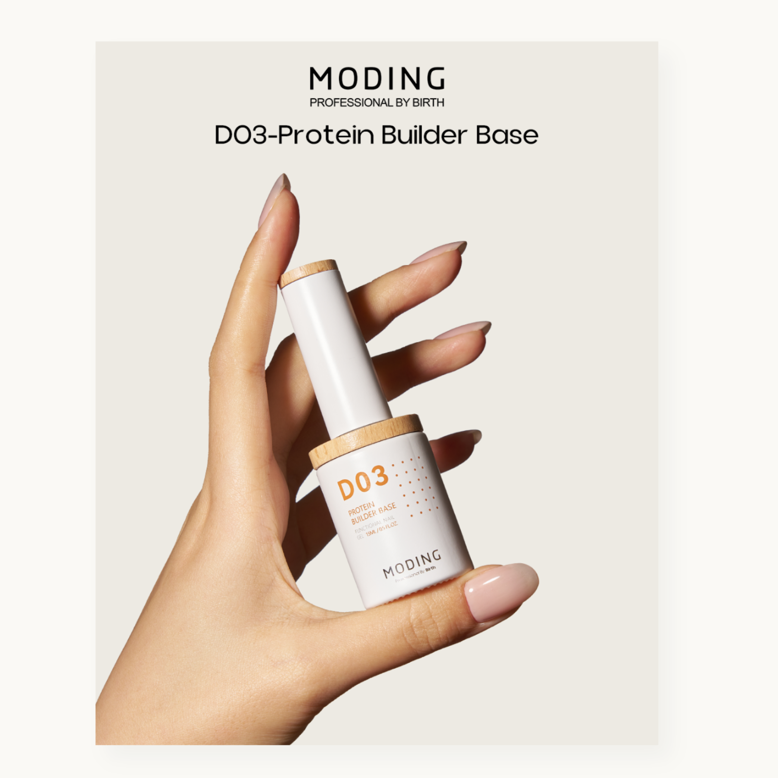Hand holding MODING D03 D03 Protein Builder Base nail builder base gel, professional salon nail strengthening base coat
