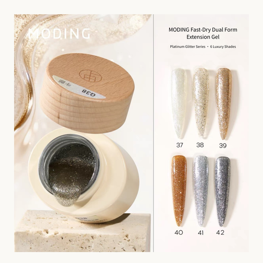 MODING Fast-Dry Dual Form Platinum Glitter Builder Gel Collection, 6 luxury glitter shades for nail extensions, professional builder gel popular in USA and Canada