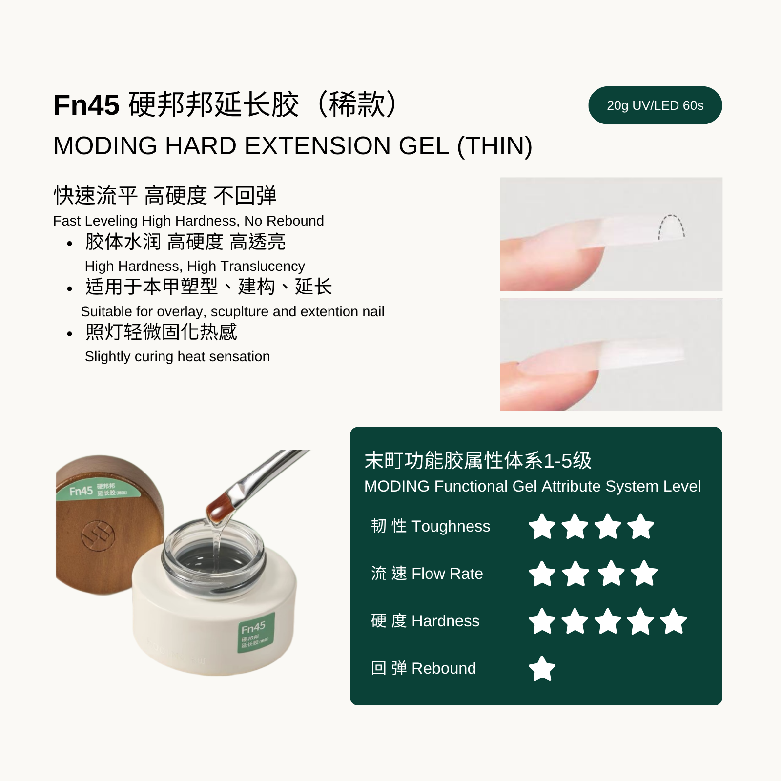 Professional thin viscosity hard gel for nail extensions by MODING, Fn45 crystal clear formula, high hardness and fast leveling.