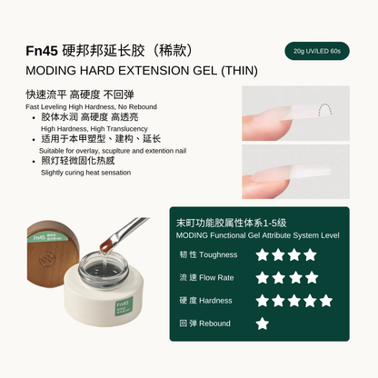 Professional thin viscosity hard gel for nail extensions by MODING, Fn45 crystal clear formula, high hardness and fast leveling.